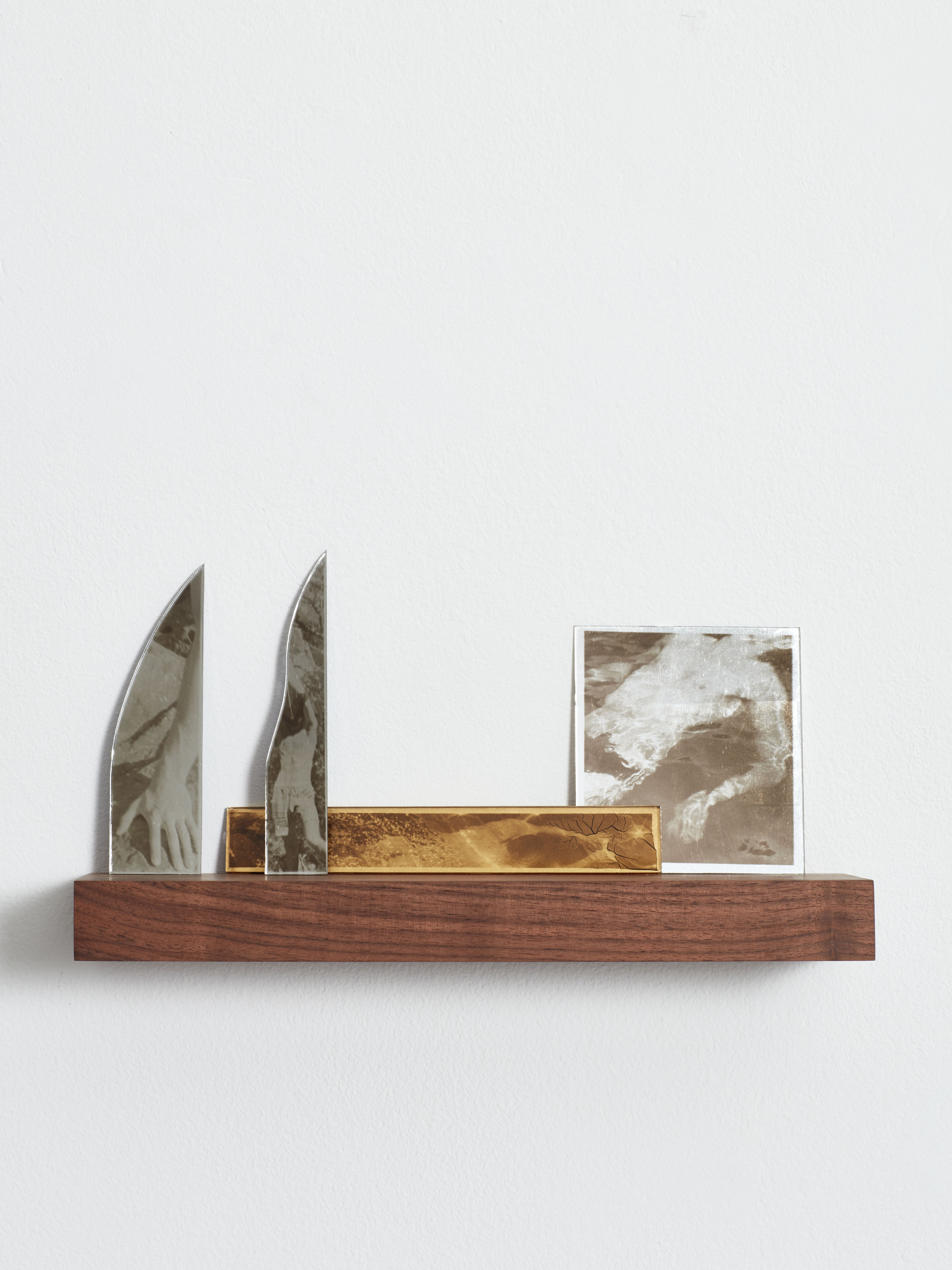 Strauss Louw | Swimming in the Dark | 2023 | Carbon black, gelatin, glass, geniune silver leaf and 23.75ct gold leaf | Shelf dimensions: 12 x 40 x 4 cm