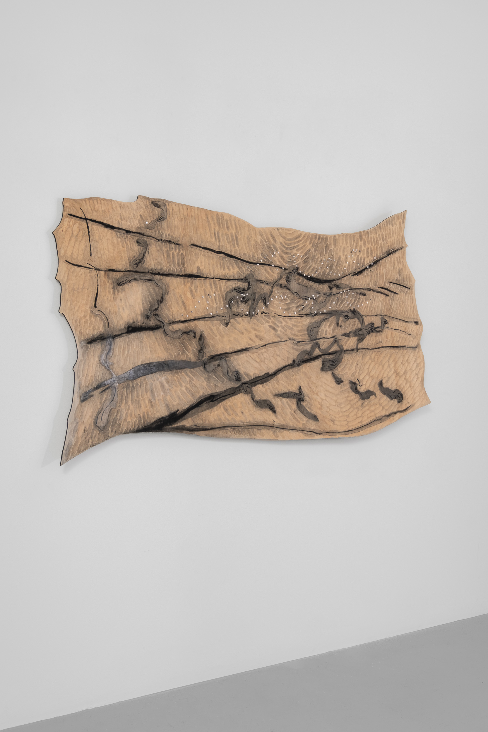 Anna van der Ploeg
What sense it makes for these two mornings to exist side by side in the world where we live, should this be framed as a question, would not be answerable by philosophy or poetry or finance or by the shallows or the deeps of her own mind, she fears. 
(First morning) 
Ink, plywood, studs
183 x 105 x 10 cm