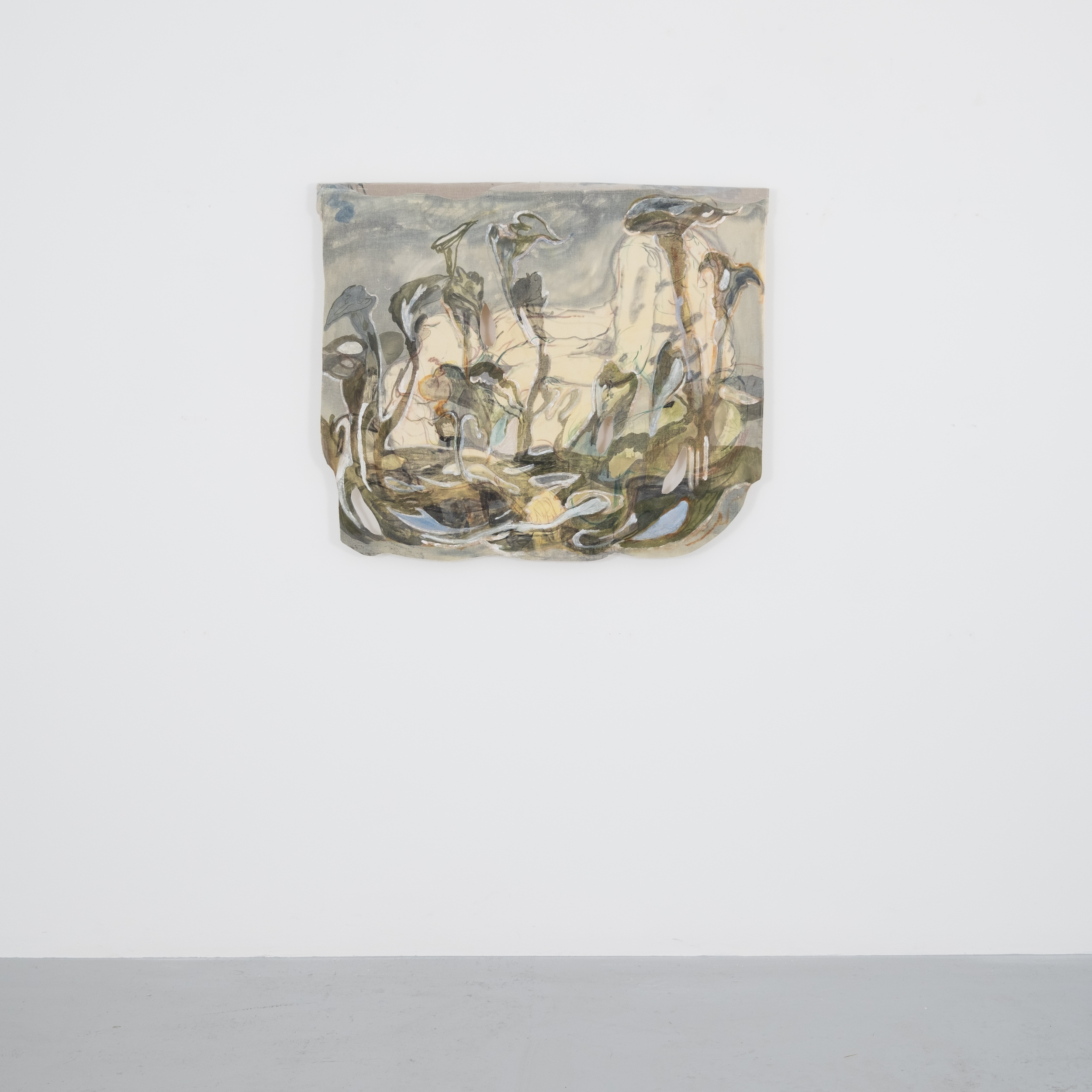 Jeanne Gaigher
mind, middle, sensations
choking with expectation
how could things be otherwise
a world evolving according to it’s own rhythms responsive life
a sequence from the back to the front
(4)
2023
Acrylic, ink, watercolour, scrim, raw canvas, Belgian linen and thread
96 x 113 x 5.5 cm