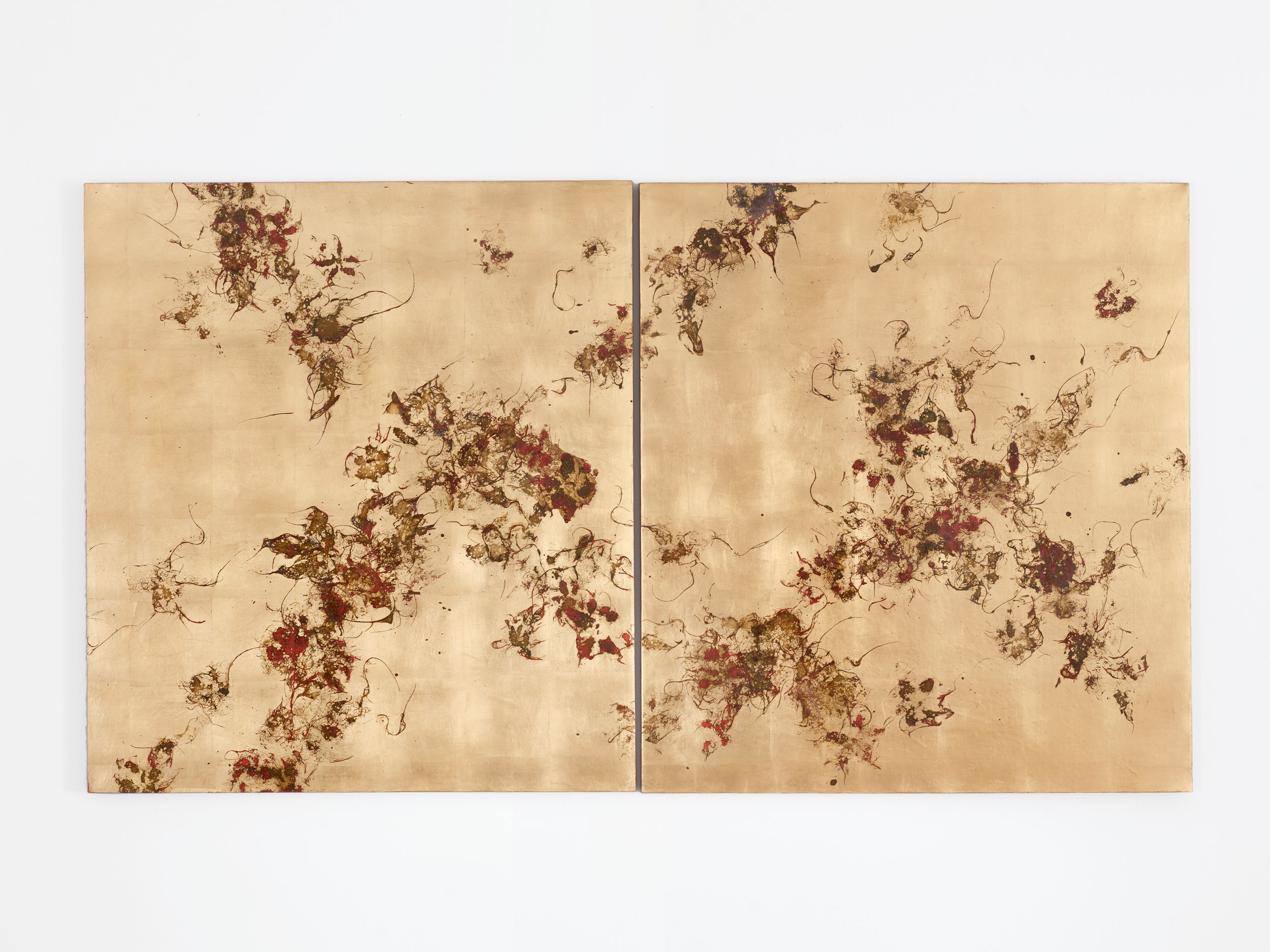 Pierre Vermeulen | Hair Orchid Sweat Print, Deep Vermilion Intersection 1 | 2023 | Gold leaf imitate, sweat, acrylic, shellac on Belgian linen | 90 x 100 x 3 cm (each)