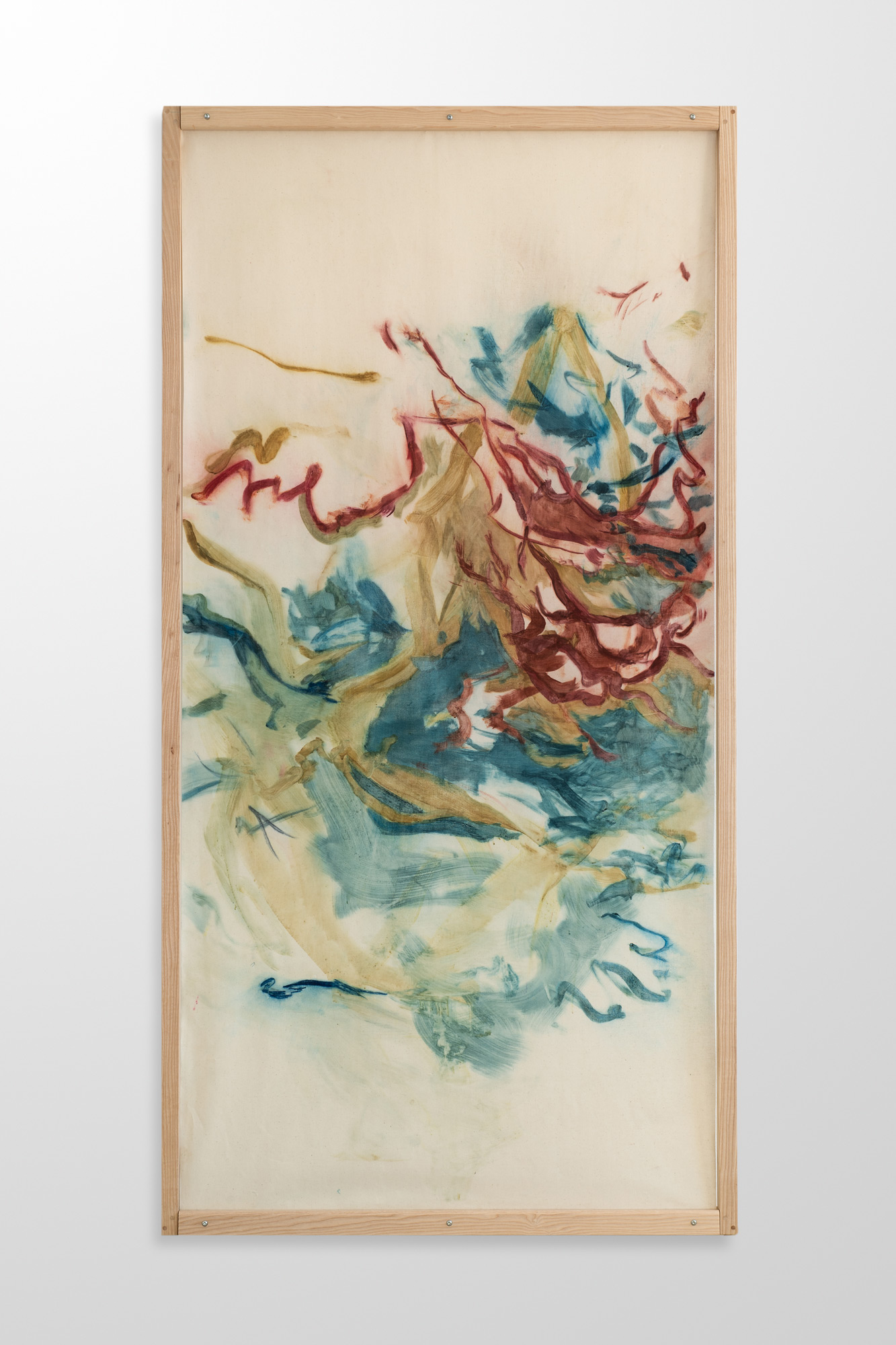 Amber Moir
Full Spate I, 2022
Pitch-rolled monotype and colour pencil on sized calico
209 x 107 cm