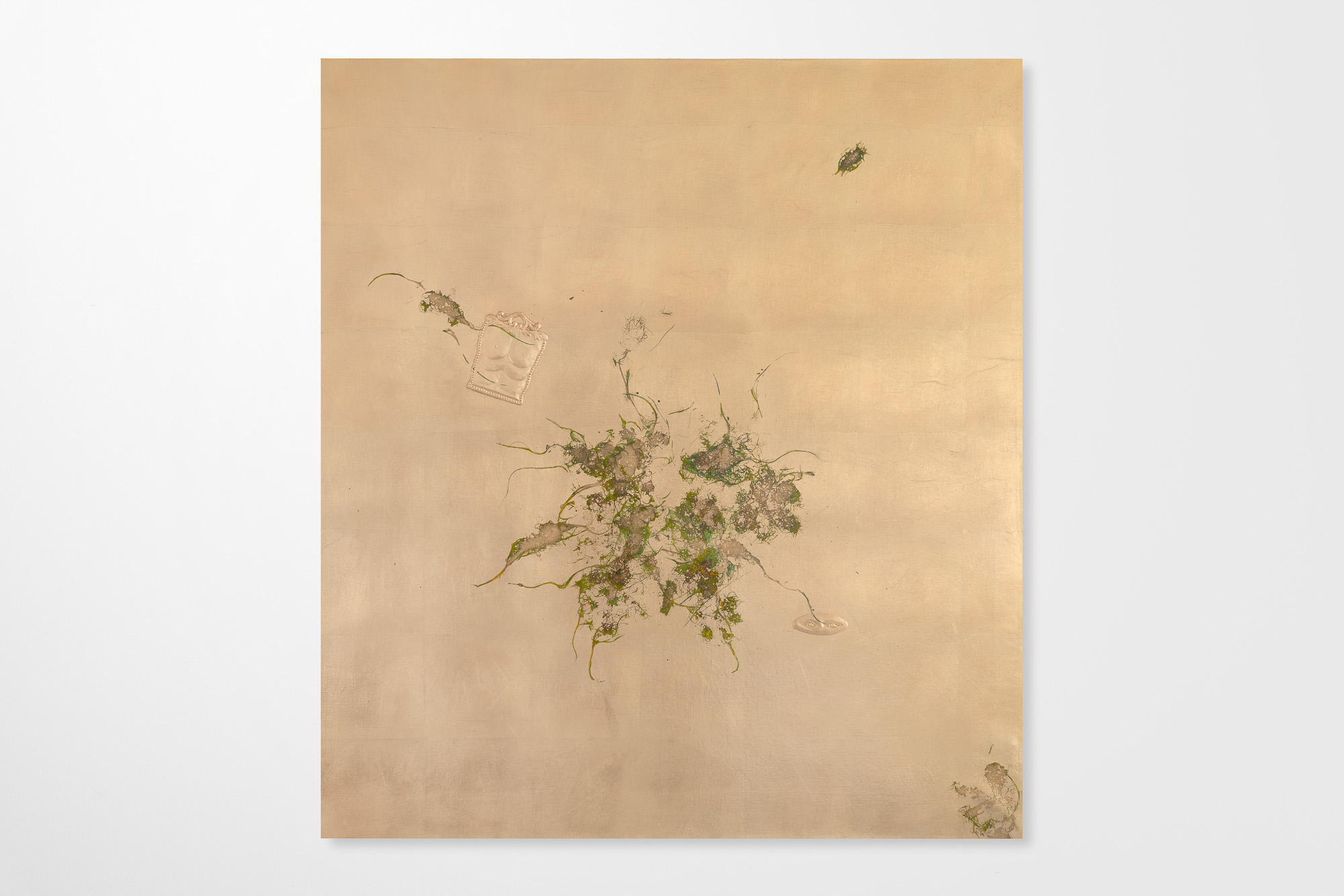 Pierre Vermeulen
Morning ritual
2024
Sweat, gold leaf imitate, acrylic, gesso and shellac on Belgian Linen 
100 x 90 cm