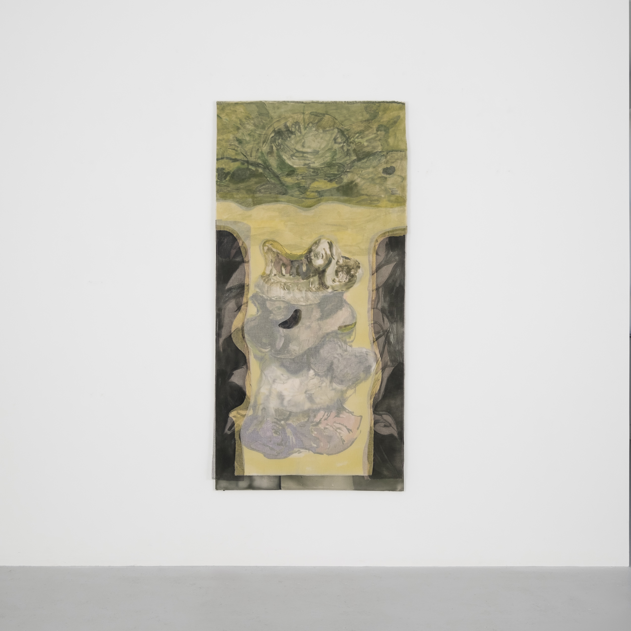 Jeanne Gaigher
mind, middle, sensations
choking with expectation
how could things be otherwise
a world evolving according to it’s own rhythms responsive life
a sequence from the back to the front
(7)
2023
Acrylic, ink, watercolour, scrim, raw canvas and thread
190 x 93 cm