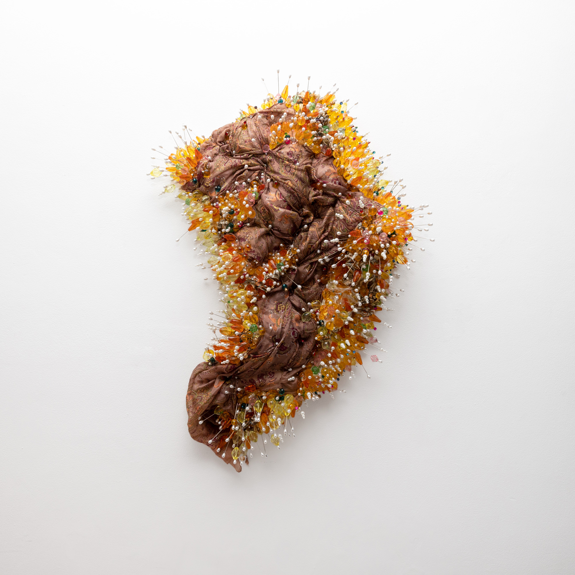 Sahlah Davids
Recollecting I, 2022
Upholstery foam, beads, dressmaking pins, grandmothers scarf
85 x 58 x 17 cm