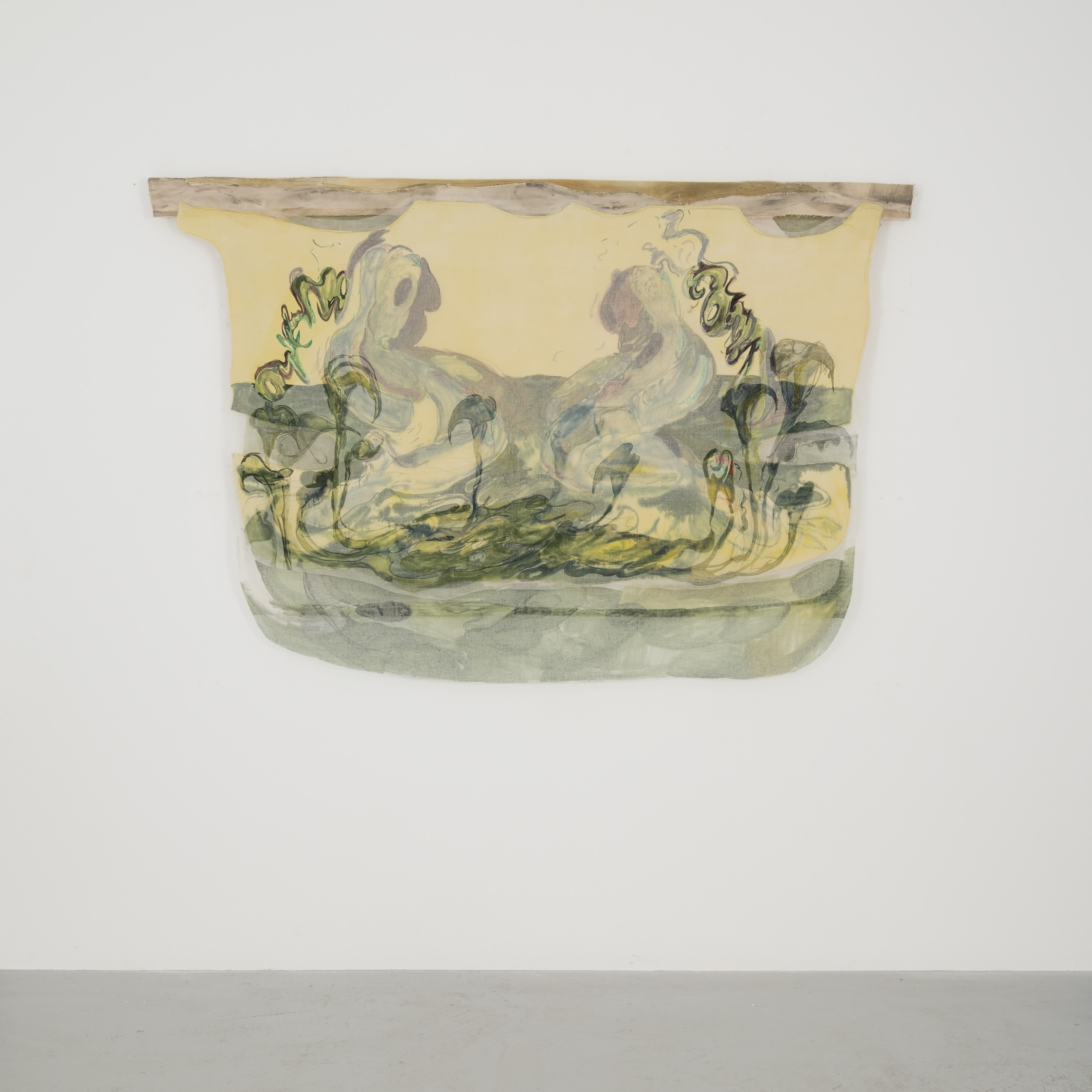 Jeanne Gaigher
mind, middle, sensations
choking with expectation
how could things be otherwise
a world evolving according to it’s own rhythms responsive life
a sequence from the back to the front
(5)
2023
Acrylic, ink, watercolour, scrim, raw canvas and thread
145.5 x 221 x 6 cm