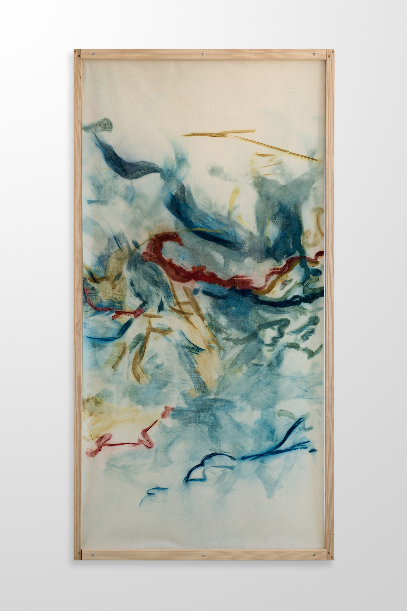 Amber Moir
Full Spate II, 2022
Pitch-rolled monotype and colour pencil on sized calico
209 x 107 cm