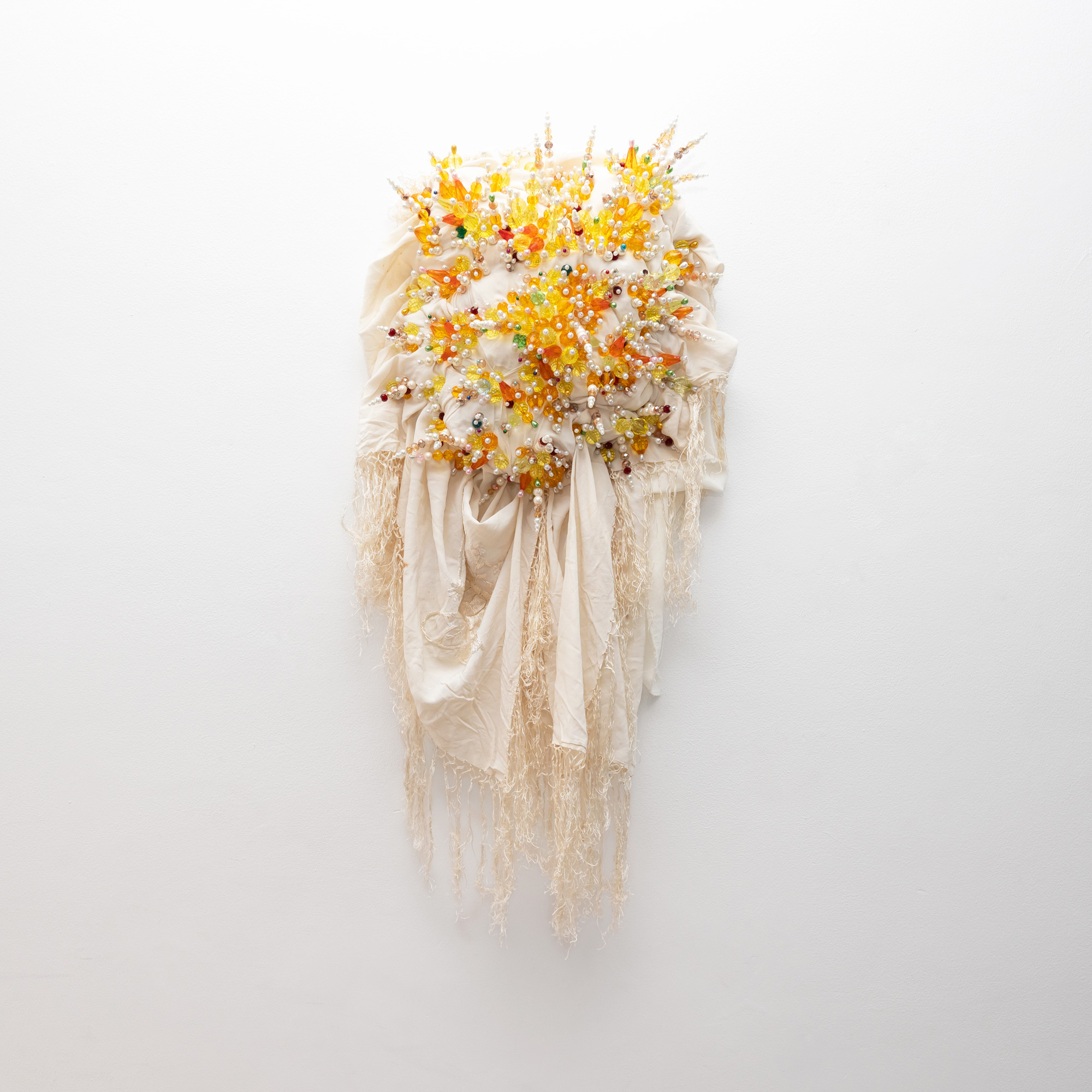 Sahlah Davids
Belonging, 2022
Upholstery foam, beads, dressmaking pins, mothers scarf
80 x 38 x 14 cm