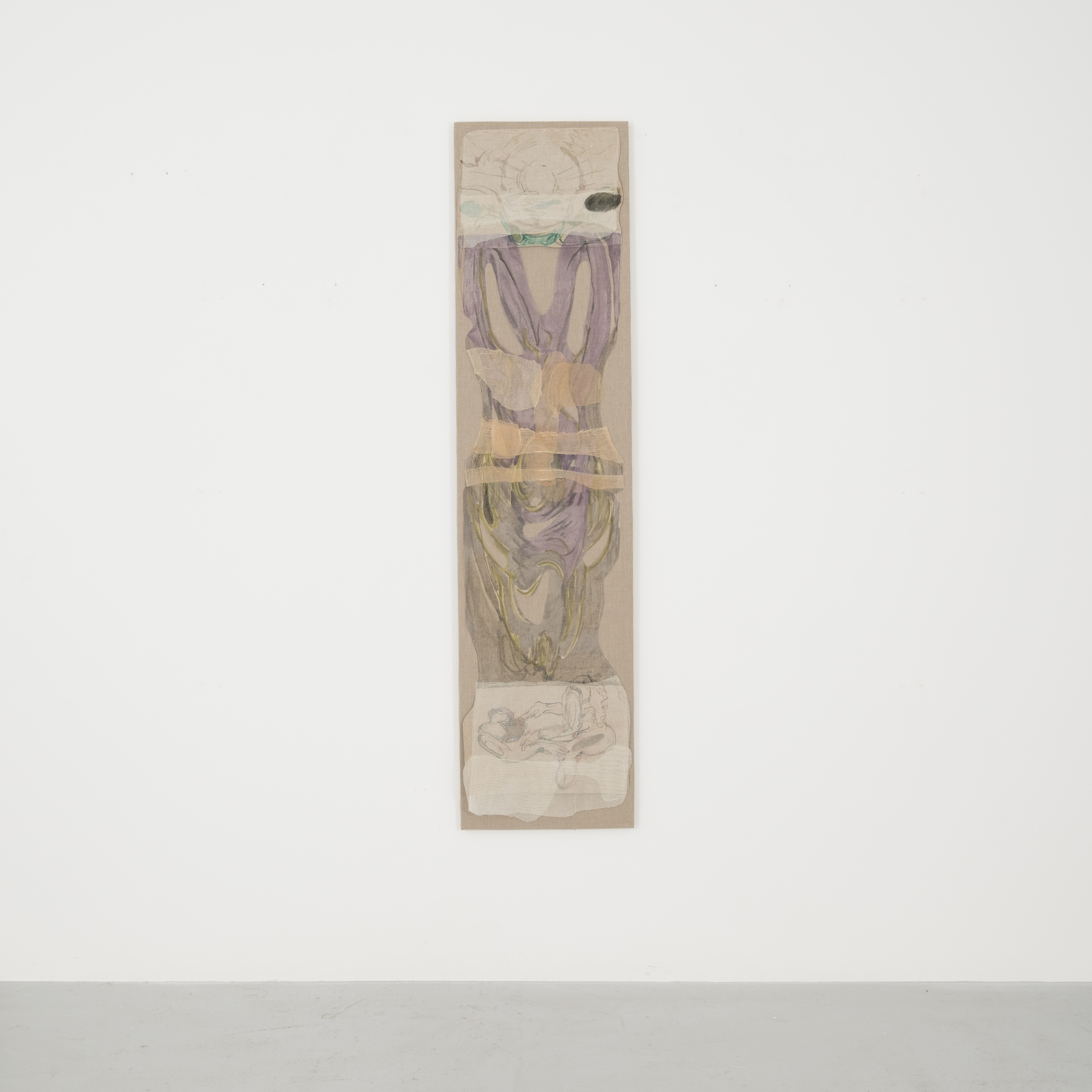 Jeanne Gaigher
mind, middle, sensations
choking with expectation
how could things be otherwise
a world evolving according to it’s own rhythms responsive life
a sequence from the back to the front
(sketch 1)
2023
Acrylic, ink, watercolour, scrim, Belgian linen and thread
200 x 49.5 cm