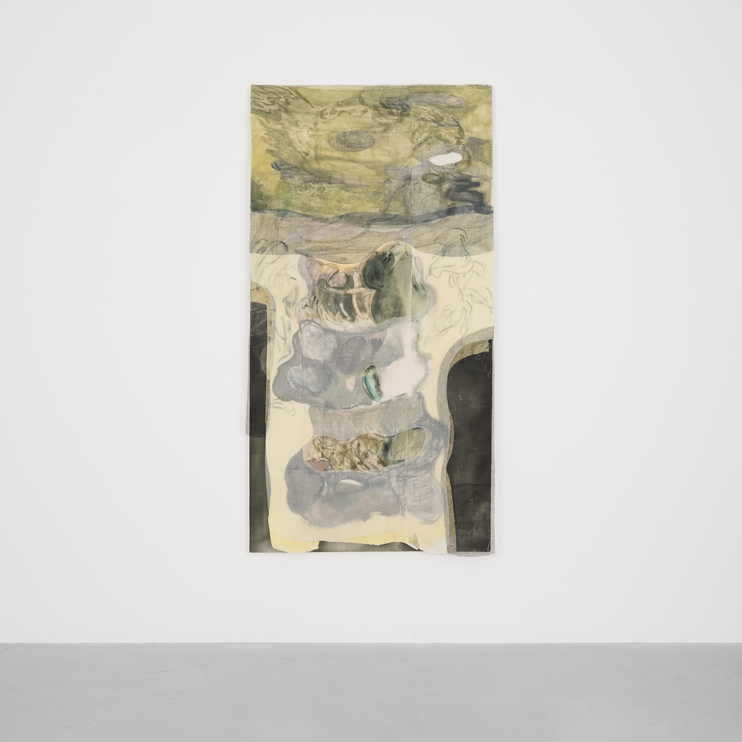 Jeanne Gaigher
mind, middle, sensations
choking with expectation
how could things be otherwise
a world evolving according to it’s own rhythms responsive life
a sequence from the back to the front
(10)
2023
Acrylic, ink, watercolour, scrim, raw canvas and thread
190 x 100 cm