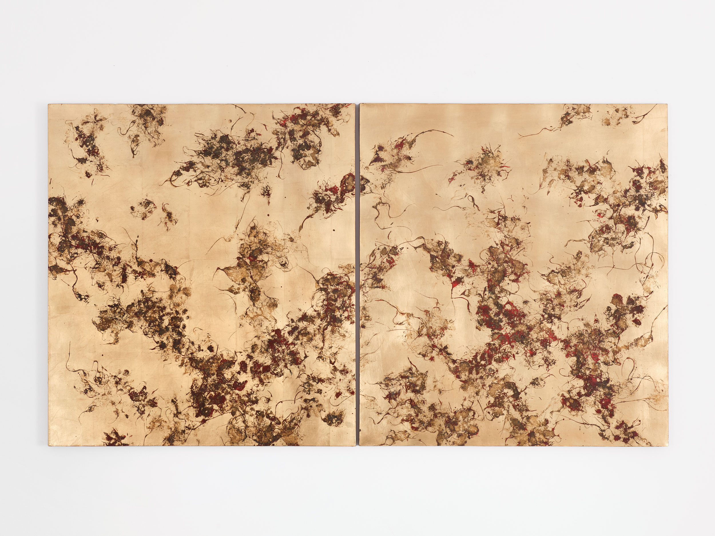 Pierre Vermeulen | Hair Orchid Sweat Print, Deep Vermilion Intersection 2 | 2023 | Gold leaf imitate, sweat, acrylic, shellac on Belgian linen | 90 x 100 x 3 cm (each)