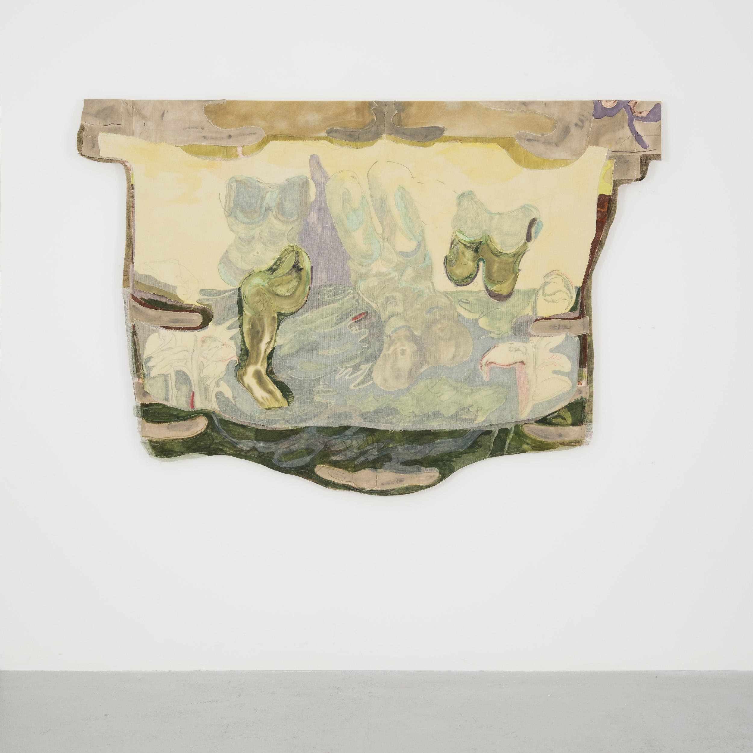 Jeanne Gaigher
mind, middle, sensations
choking with expectation
how could things be otherwise
a world evolving according to it’s own rhythms responsive life
a sequence from the back to the front
(12)
2023
Acrylic, ink, watercolour, scrim, raw canvas and thread
158 x 233 x 7 cm