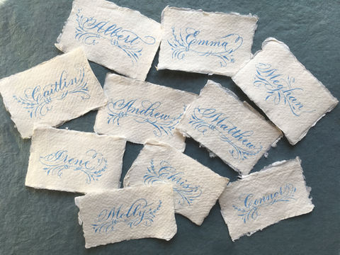 Wedding reception place cards with guest names written by hand in copperplate with botanical flourishes in blue ink on white handmade paper