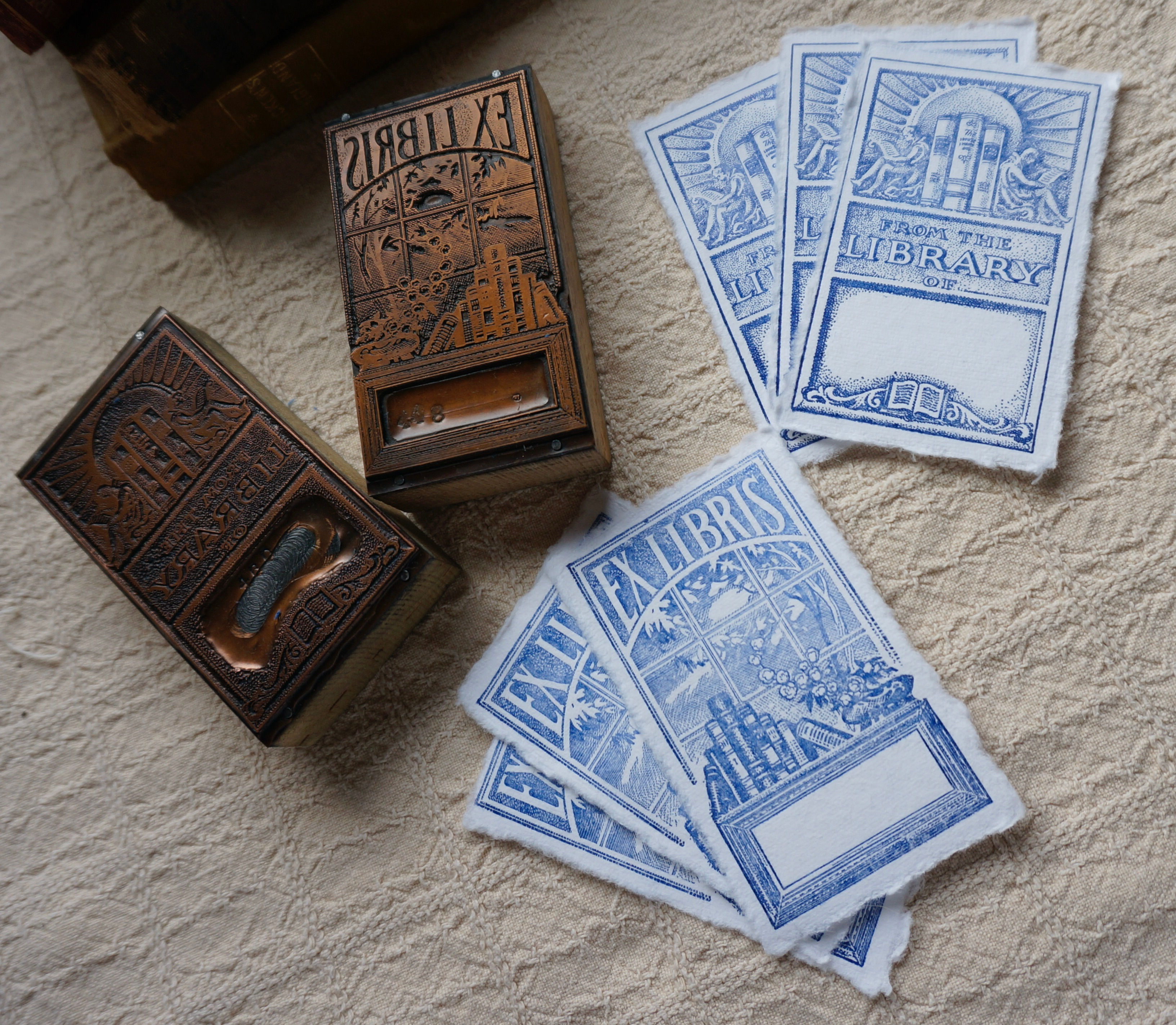 Letterpress printed bookplates on handmade paper, printed with antique printing blocks