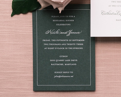Custom designed rehearsal dinner invitation. Couple names written by hand in copperplate calligraphy, digitally printed in white ink on green paper