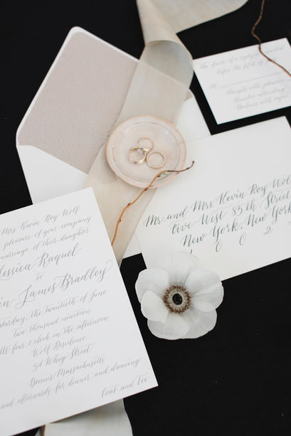 Custom wedding invitation, full invitation in hand written modern calligraphy, printed in gray ink.  Invitation envelopes hand addressed in modern calligraphy
