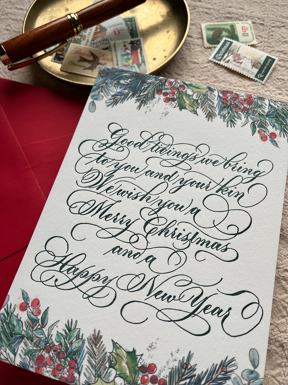 Thumbnail: Letterpress printed calligraphy Christmas card with watercolor painted botanical border