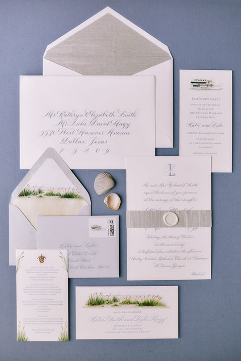 Custom wedding invitation in hand written calligraphy in "Katie" script variation of copperplate calligraphy, spot calligraphy for a Dear Elouise design.  Invitation envelopes addressed in hand calligraphy 