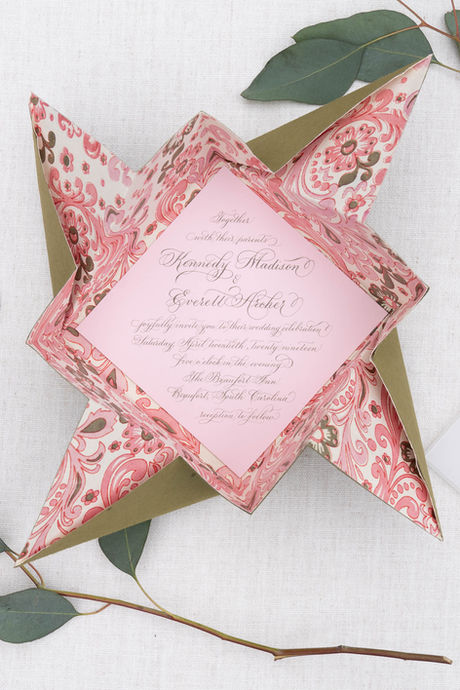 Custom wedding invitation. Hand written flourished copperplate invitation in origami handmade paper inner envelope