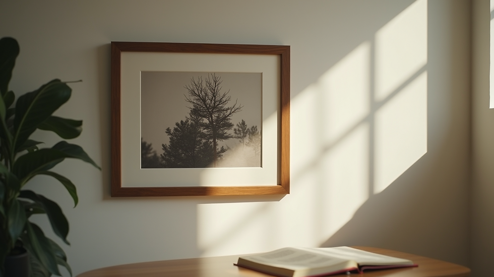 Eye-level view of a framed artwork with archival matting and UV-protective glass