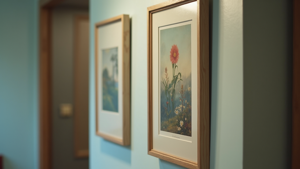 Close-up view of UV-filtering glass protecting a framed painting