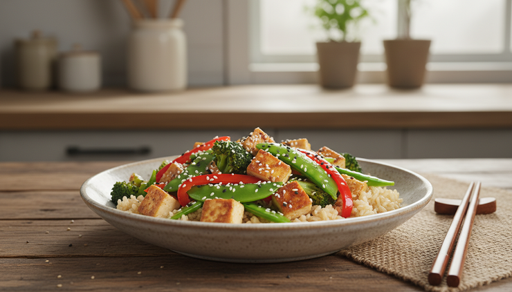 Eye-level view of a tofu and broccoli stir-fry with red bell peppers served over brown rice