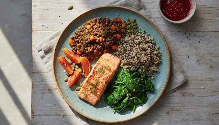 Overhead view of a colorful plate with salmon, lentils, spinach, citrus slices, and whole grains