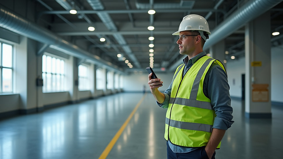 Eye-level view of a professional conducting an energy audit in a commercial building
