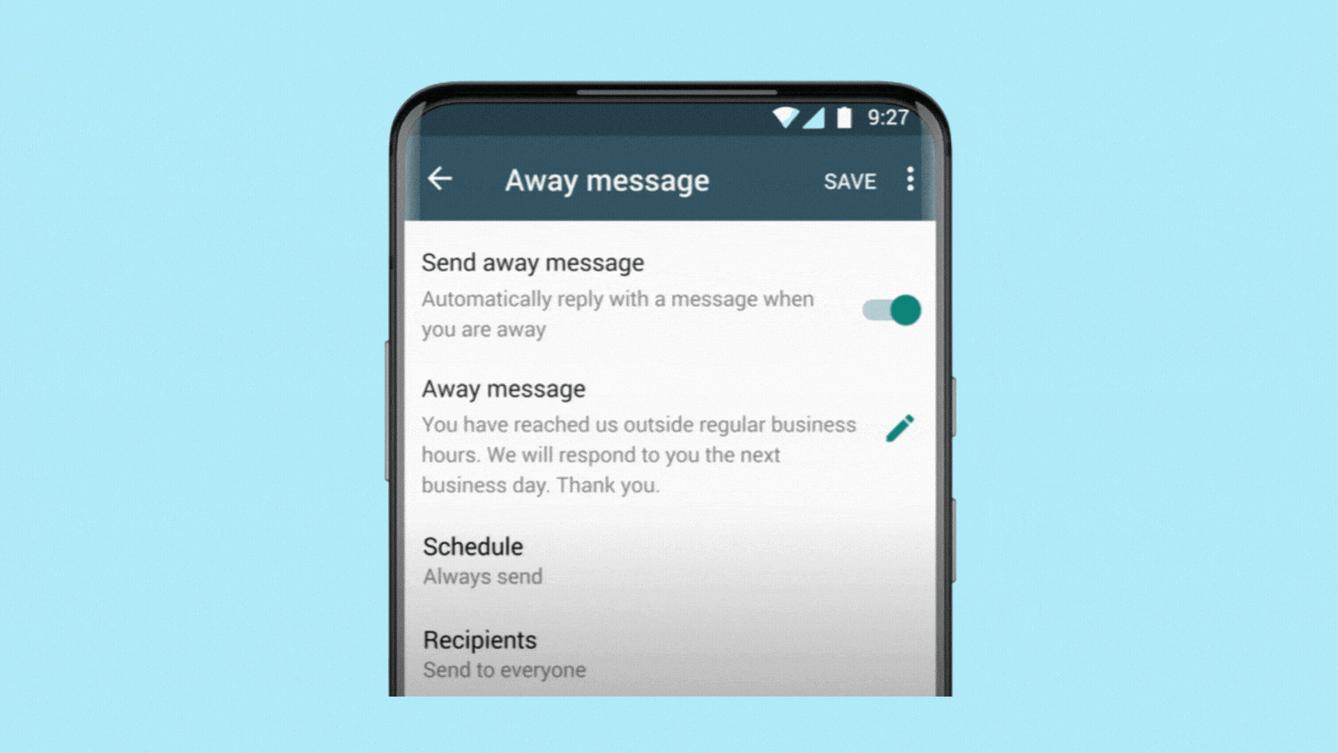 WhatsApp Business App away message