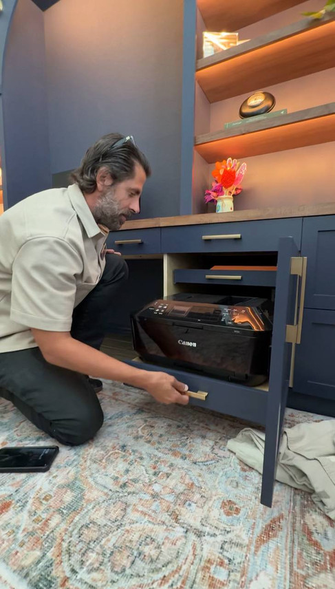 Carpentry process for custom built-in cabinets hidden printer