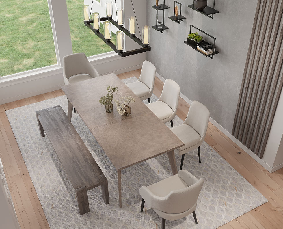 Modern dining room with a wooden table, six beige chairs, and a bench. Light fixture above, shelves on gray wall, large window view.