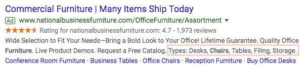 Example of structured snippet ad extension.