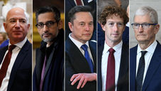 Some of tech's top leaders showed their support for President Donald Trump by donating to and attending his inauguration. Their businesses have now taken a significant hit from Trump's tariff policies. Credit: (Saul Loeb/Kevin Dietsch/Julia Demaree Nikhinson/AFP/Pool/Getty)