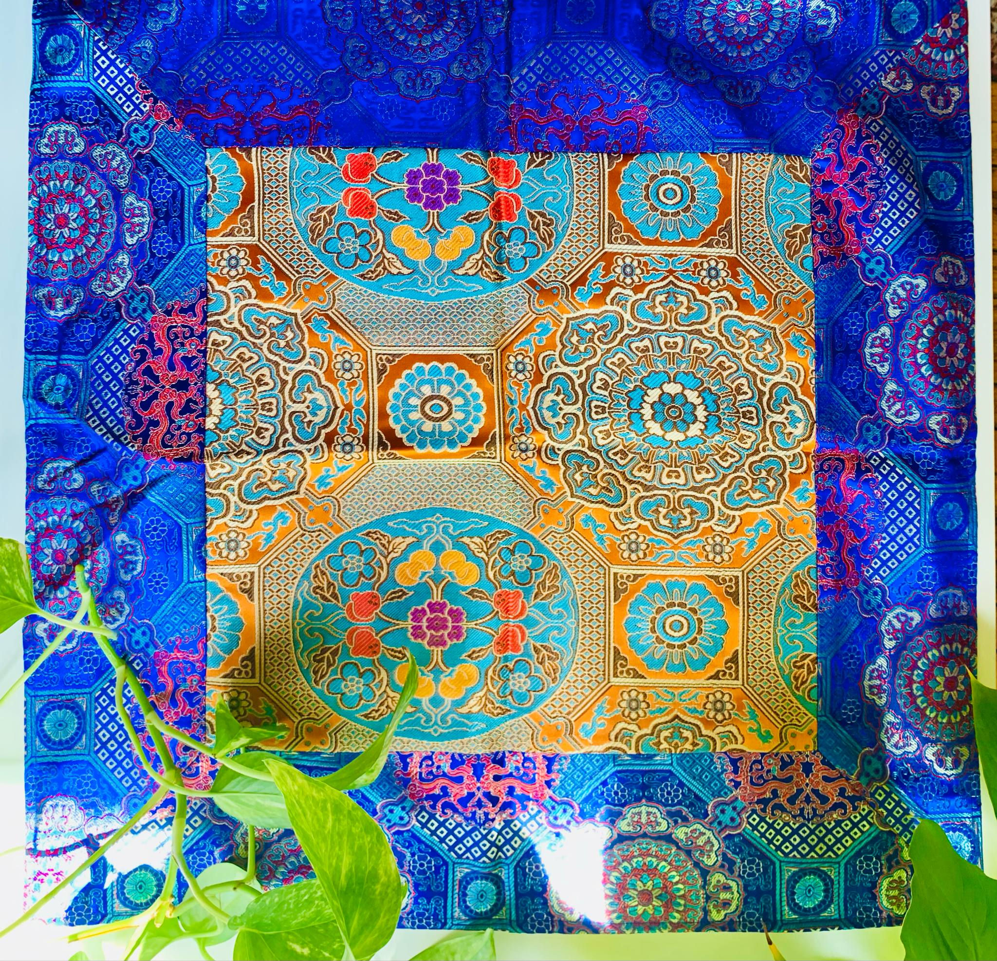 Meditation table cover in blue and yellow