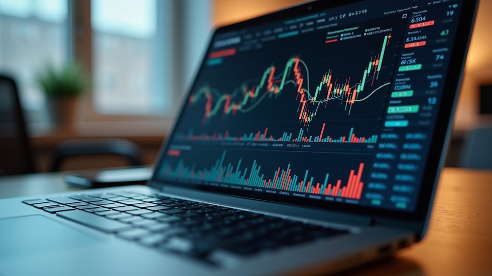 Eye-level view of a laptop displaying financial charts on a desk