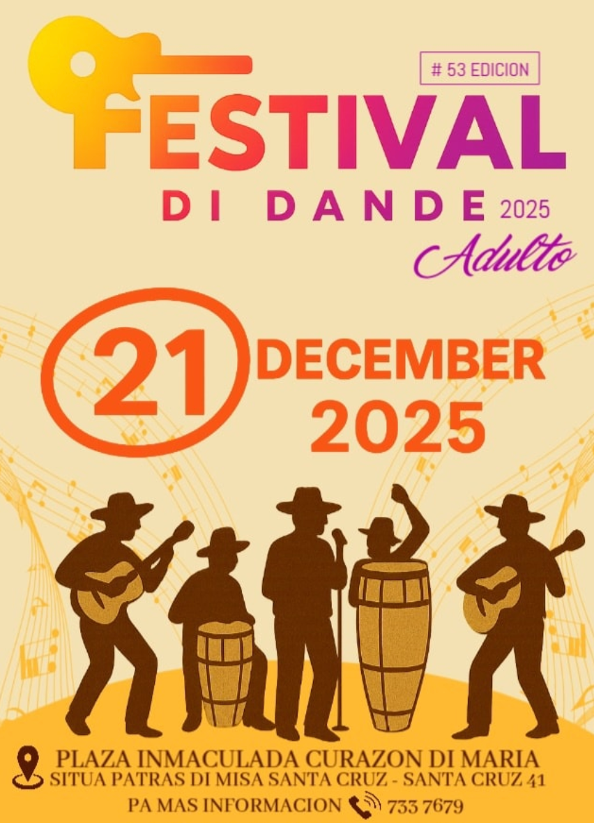 Poster for the 53rd Festival di Dande on December 21, 2025 in Aruba. Features silhouettes of musicians, notes, and vibrant text on a light background.