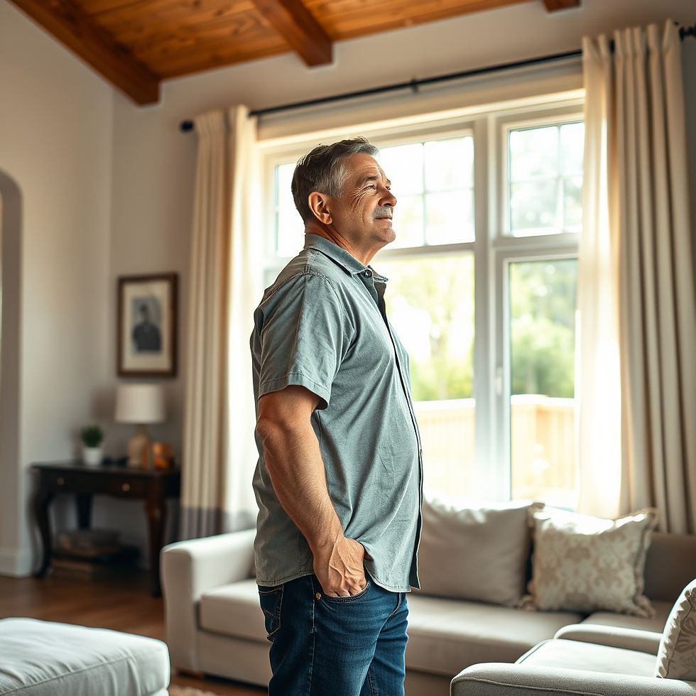 Realistic photograph of a military veteran standing inside a clean, comfortable suburban h