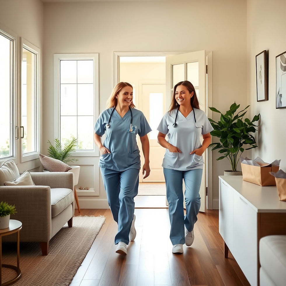 Realistic lifestyle photo of two female healthcare professionals walking thru thru the doo