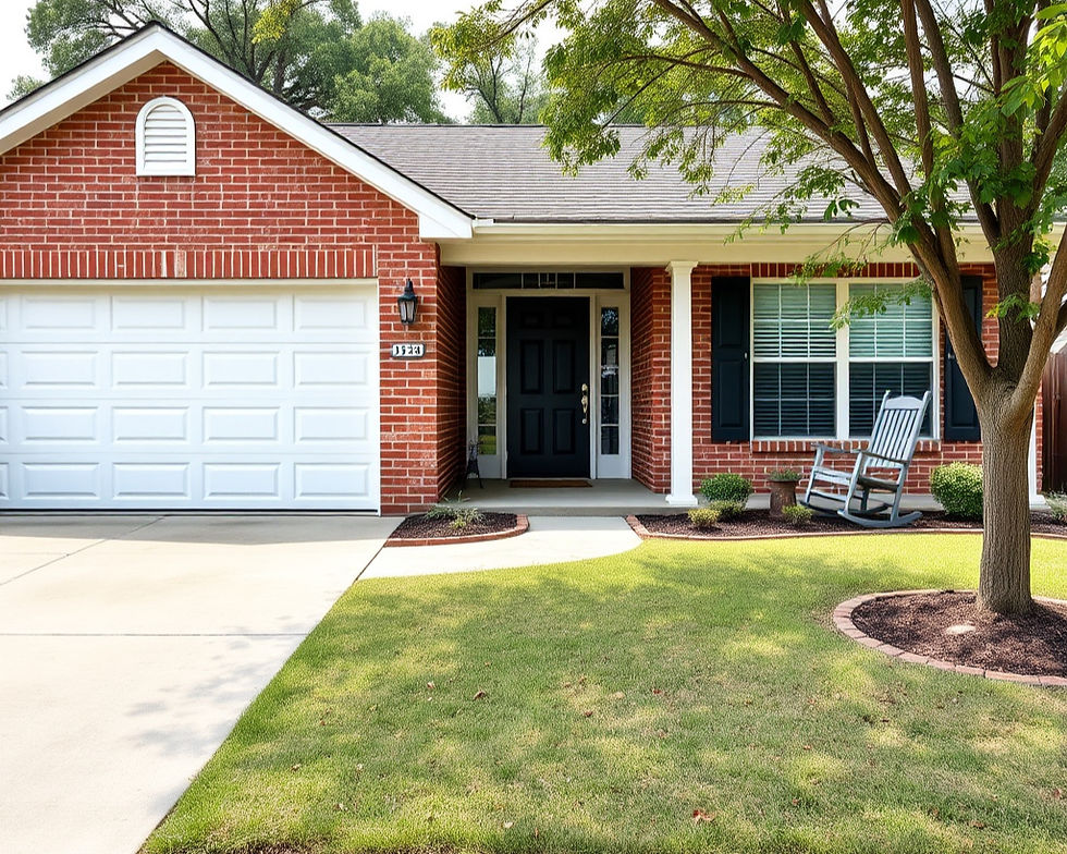 Front view of a modest suburban single-family home in Houston, Texas. Brick exterior with