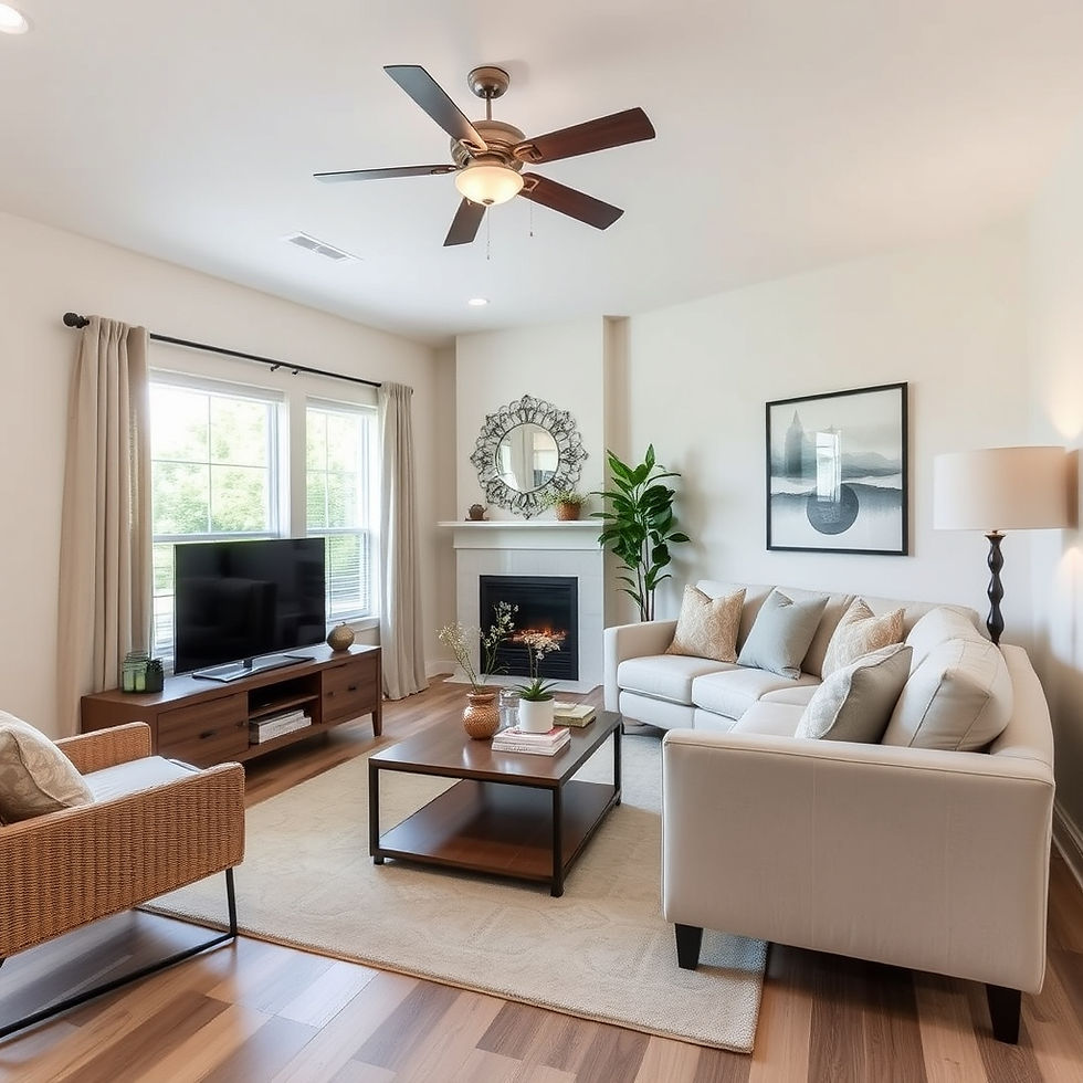 Realistic furnished living room inside a suburban rental home in Houston, Texas. Comfortab