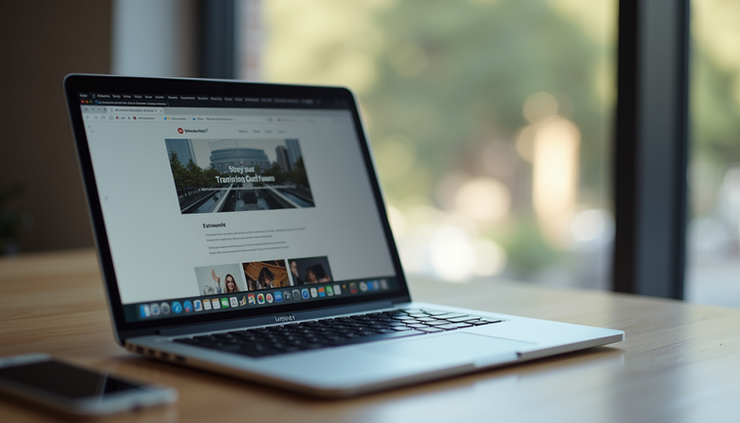 Eye-level view of a clean, modern workspace with a laptop displaying a website layout