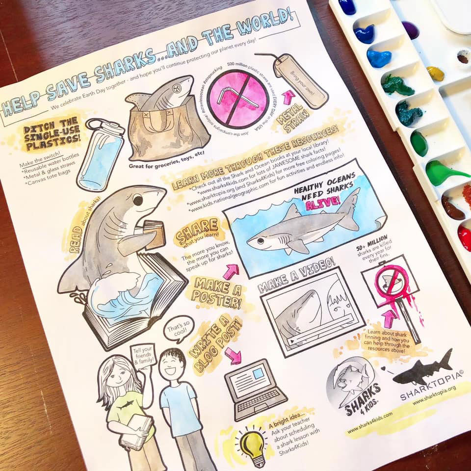 Coloring page featuring information about saving sharks and how you can help