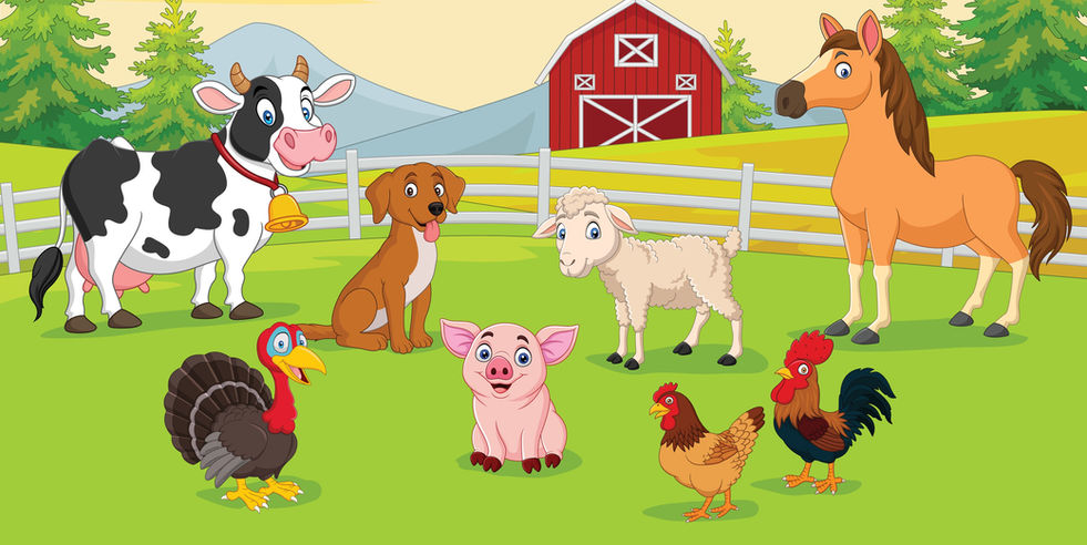 Niedliche Bauernhoftiere: Kuh, Pferd, Hund, Ziege, Schwein, Truthahn, Hühner