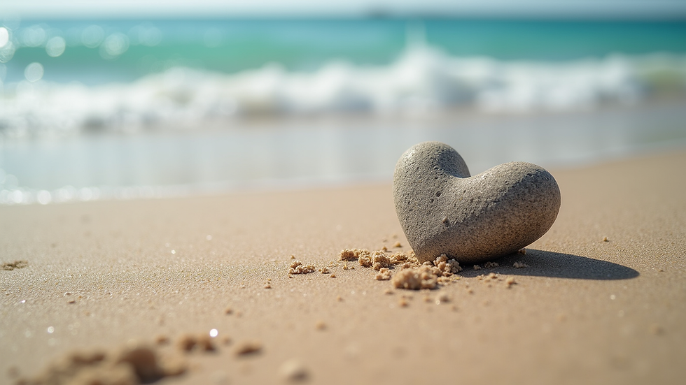 Close-up view of a heart-shaped stone on a sandy beach