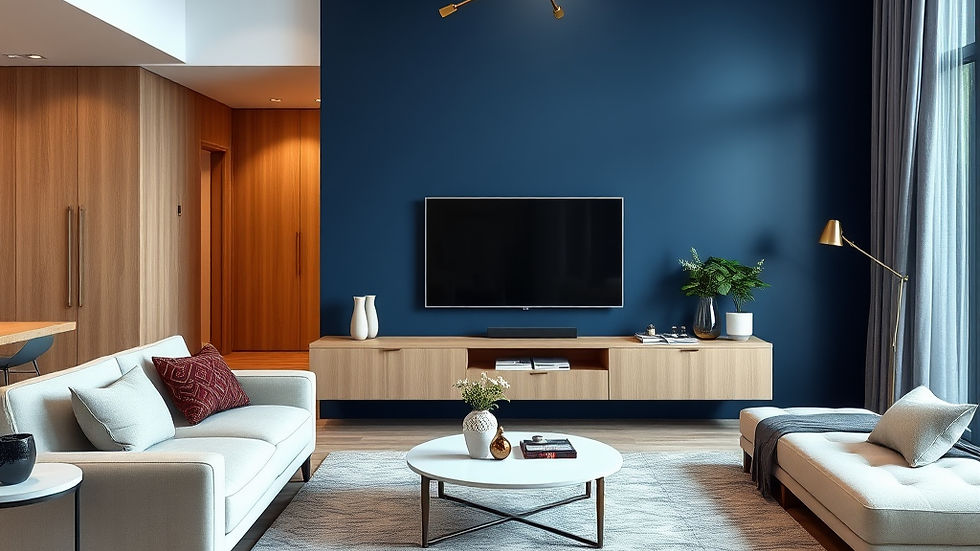 Modern living room with blue accent wall, wall-mounted TV, white sofas, coffee table, wood cabinets, plants, and soft natural light