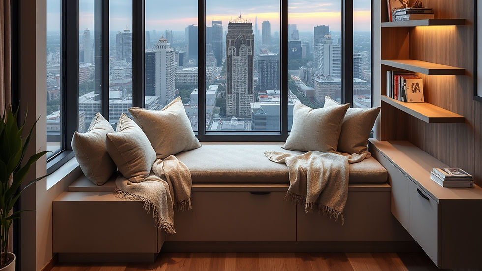 Cozy window seat with beige cushions and blankets, overlooking a snowy city skyline at sunset beside warm wooden shelves.