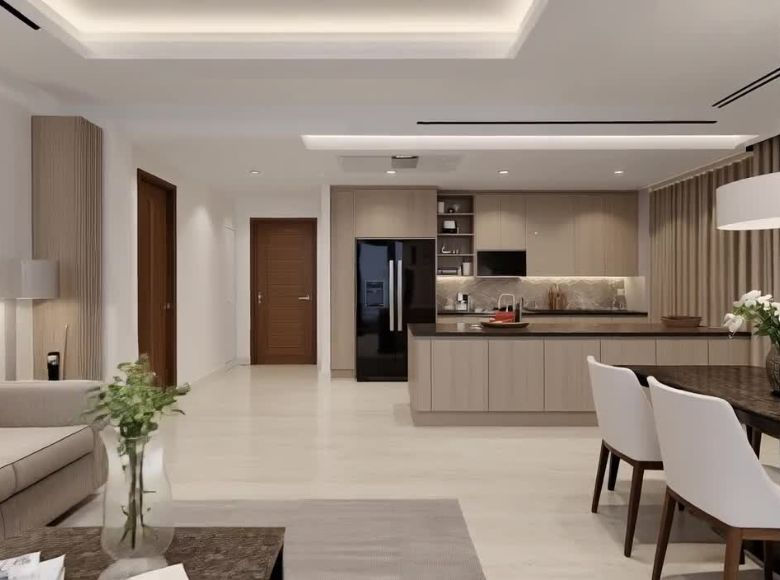 Modern open-plan living room and kitchen with beige cabinets, black fridge, white chairs, dining table, and soft neutral decor.