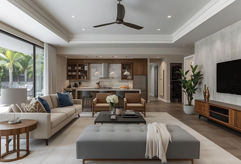 Modern open-plan living room with beige sofas, gray ottoman, wood kitchen, large windows, ceiling fan, and tropical view outside