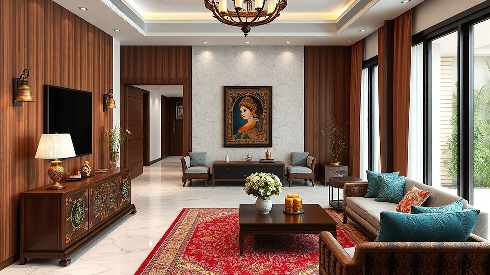Elegant living room with red rug, teal pillows, floral centerpiece, framed portrait, and large windows in a warm, calm setting