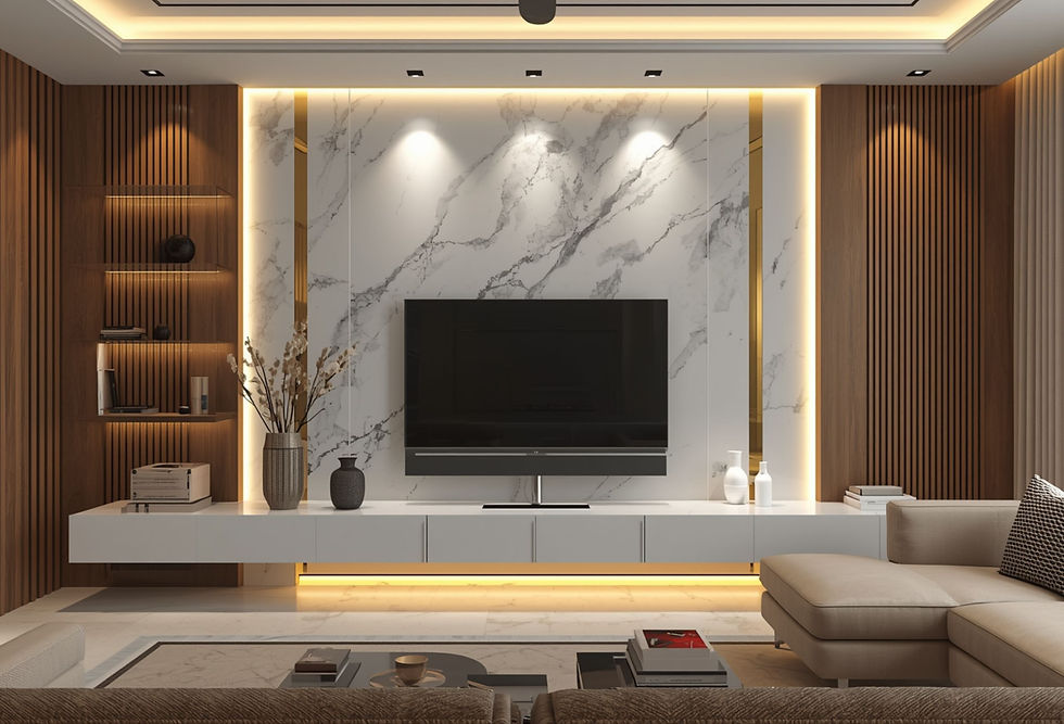 Modern living room with a wall-mounted TV, marble feature wall, warm wood panels, and beige sofa under soft ambient lighting.