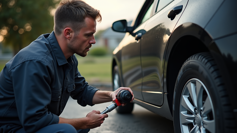 Close-up view of a mechanic changing a car’s oil outdoors
